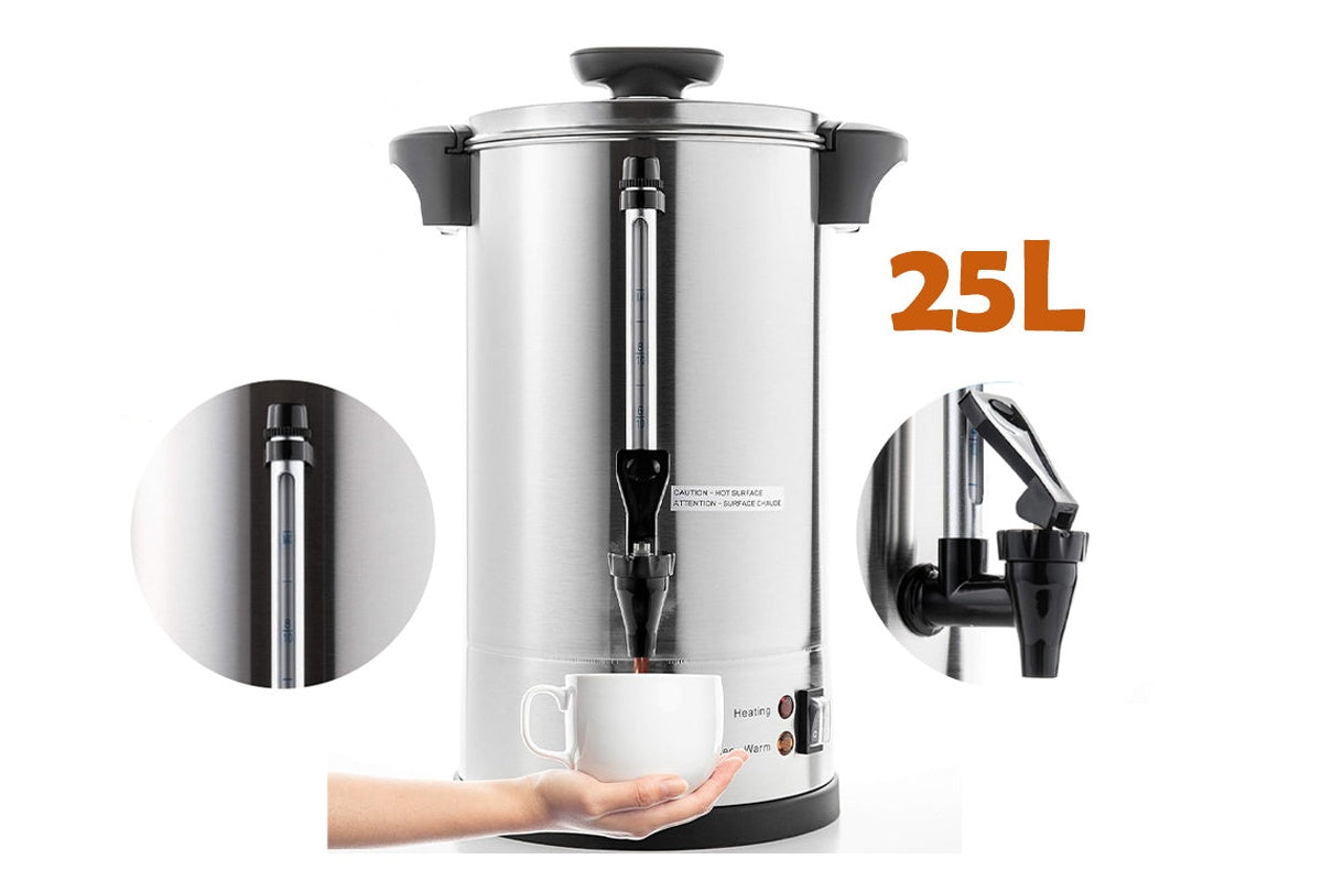 Side angle of Hot Water Urn 25L showing plastic water tap