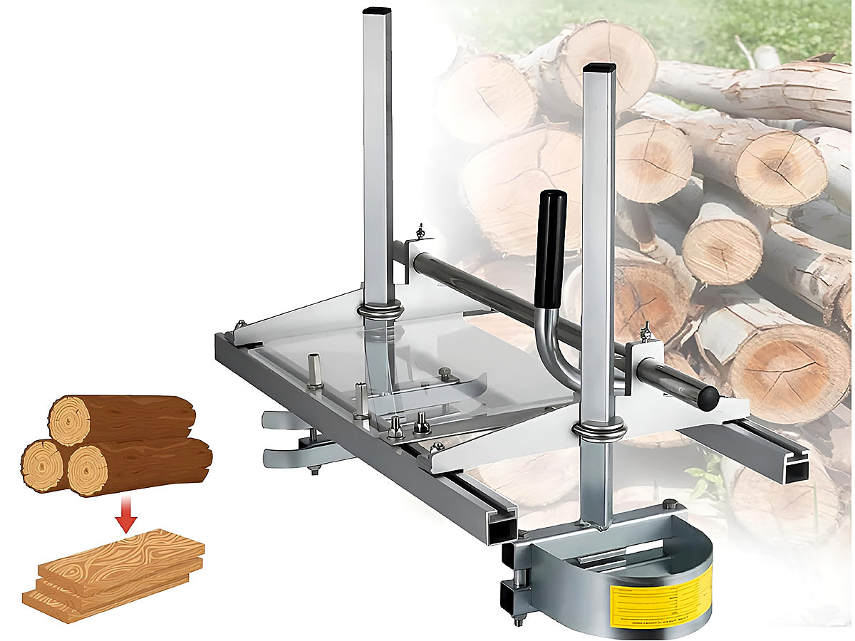 Portable sawmill mounted on 14 inch chain saw bar in use