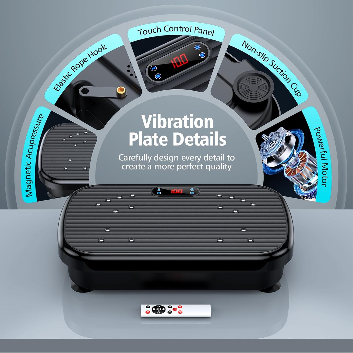 Vibration plate exercise machine with remote control in hand