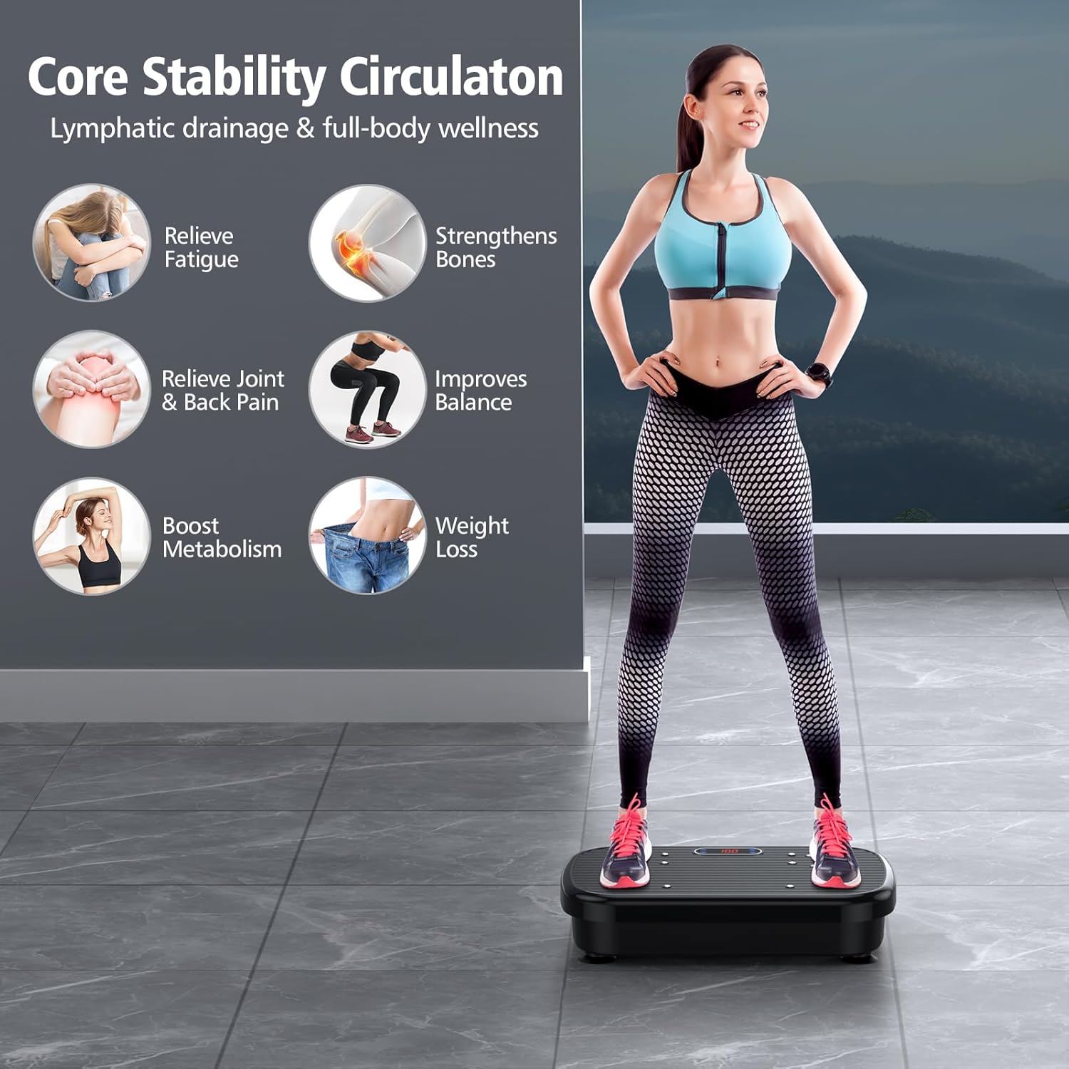Vibration plate exercise machine displaying workout mode settings