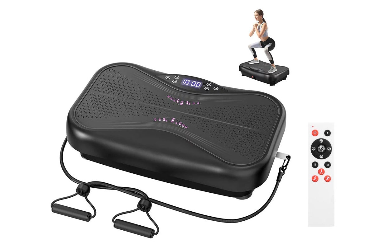 Side view of vibration plate fitness machine with resistance bands