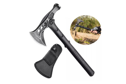 Close up of black 420HC steel axe head on tomahawk