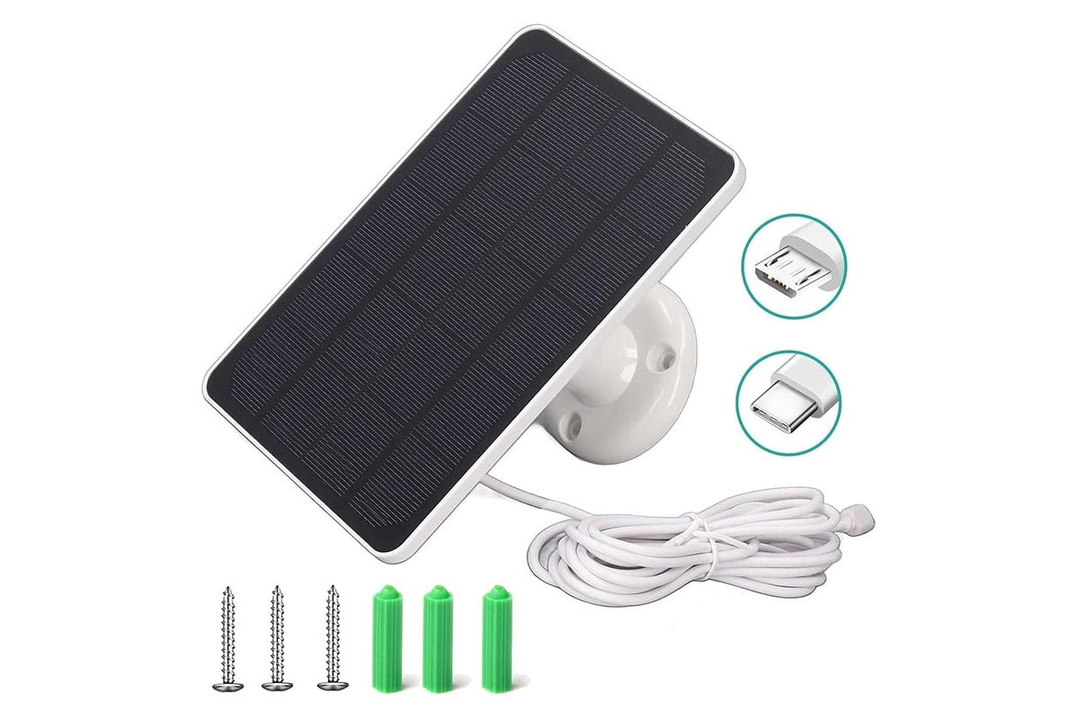Close up of solar panel for CCTV security camera with micro USB and Type C ports