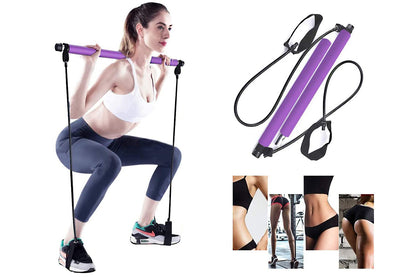Purple Pilates bar with attached foot loops for leg exercises