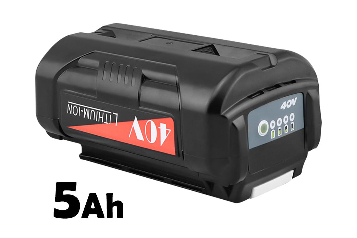Top angle of Ryobi 40V lithium-ion battery with label visible