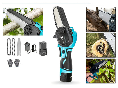 Side view of mini chain saw cordless with safety bezel
