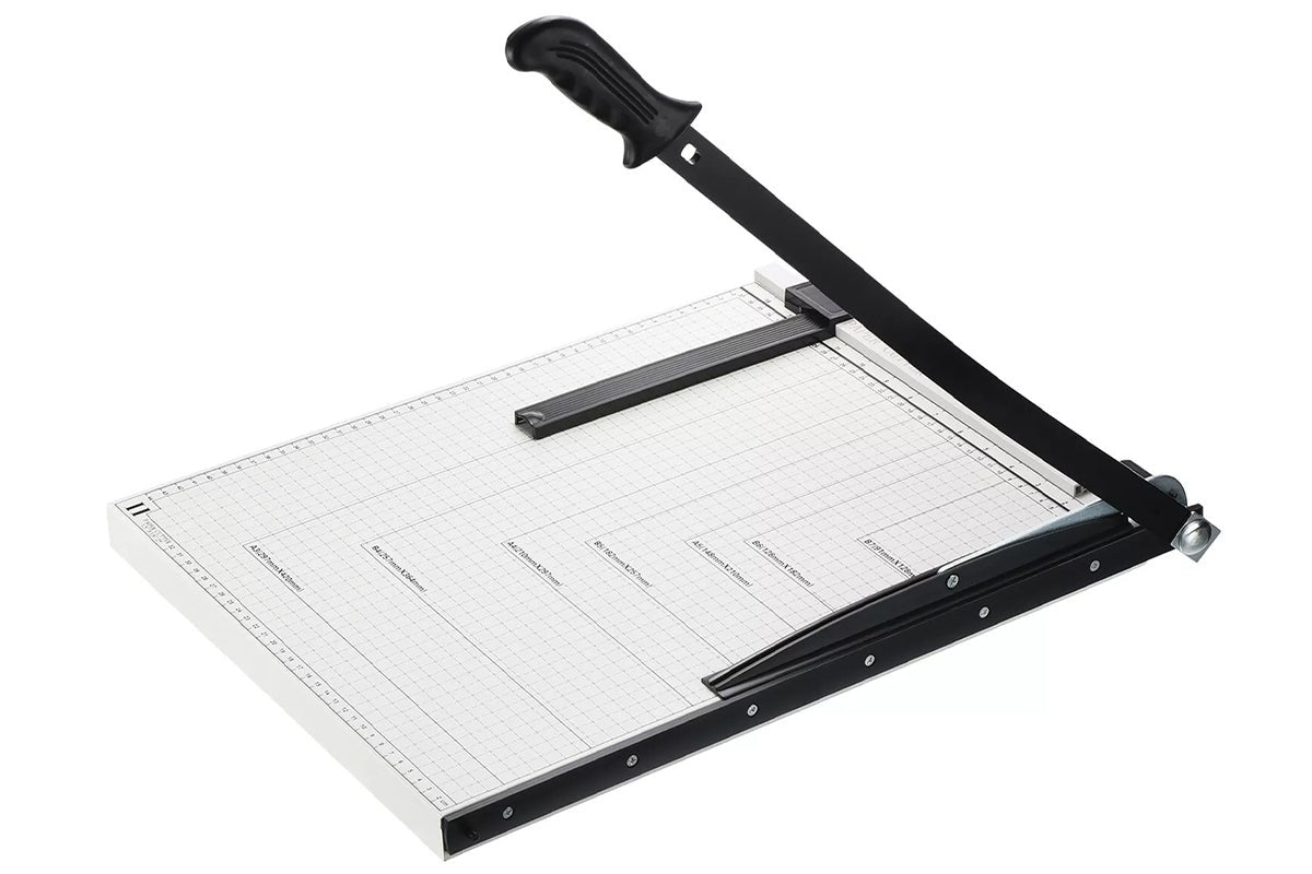 Close-up of A3 paper cutter blade with safety latch engaged