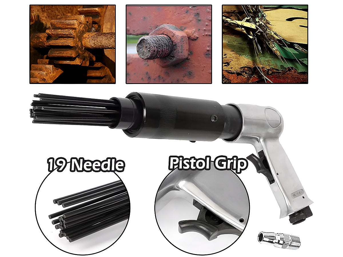 Needle scaler in use removing rust from metal surface