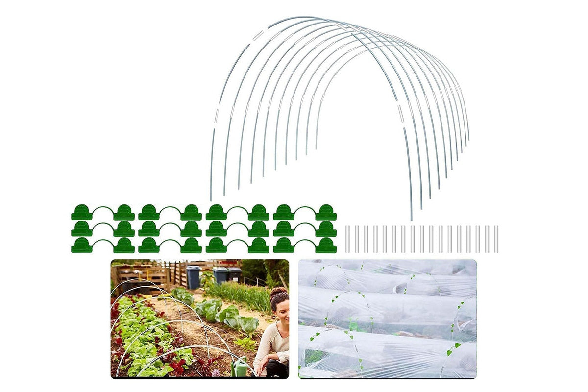 Side view of garden greenhouse tunnel hoops with metal connectors attached