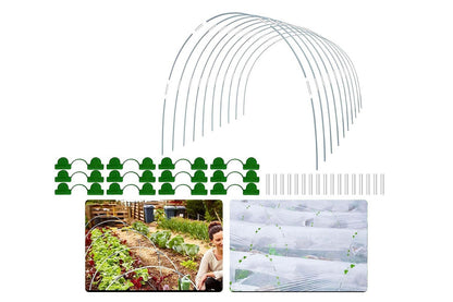 Side view of garden greenhouse tunnel hoops with metal connectors attached