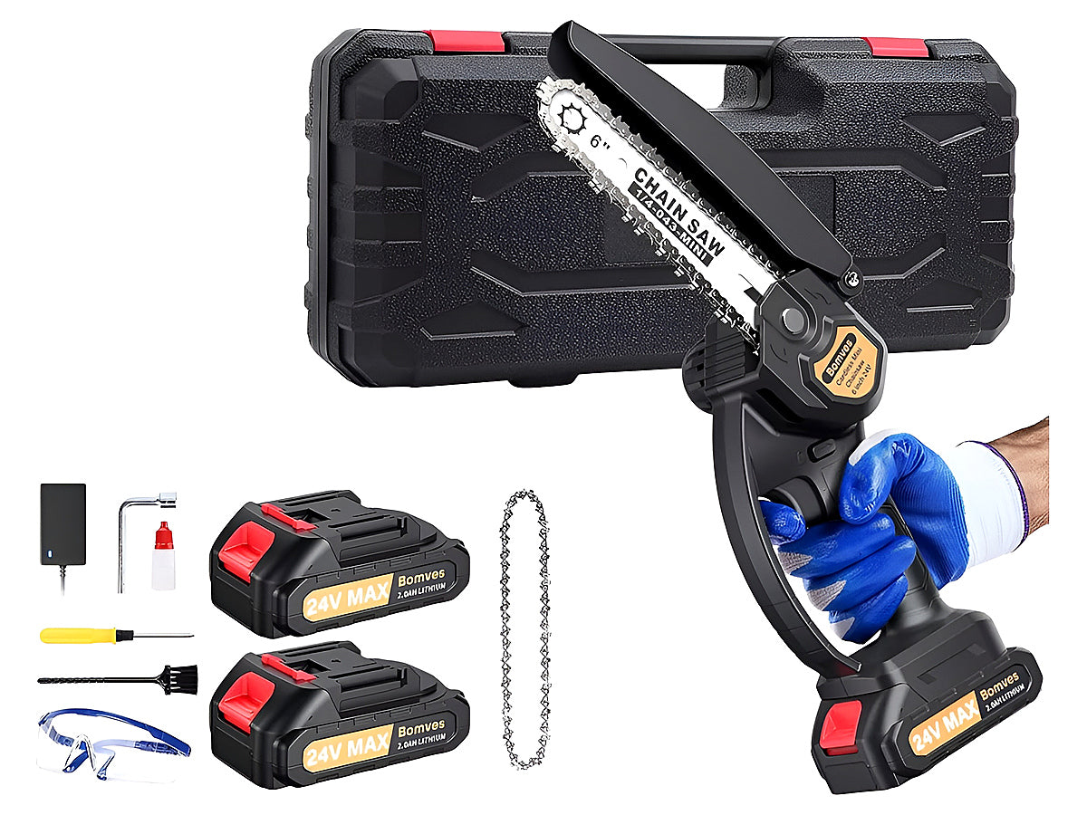 Close up of mini chain saw guide chain showing sharp teeth