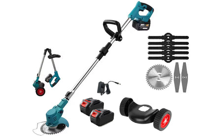 Top view of cordless lawn mower grass cutter with plastic blades attached