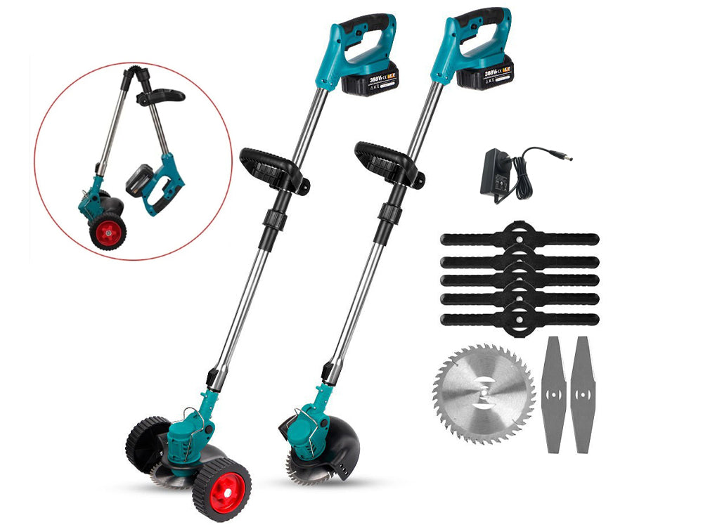 Cordless lawn mower grass cutter trimming grass near garden fence