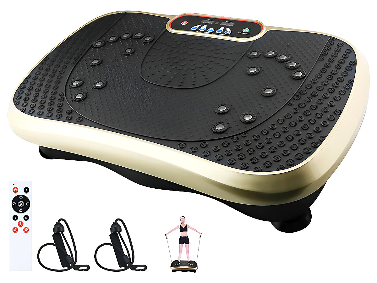 Side angle of vibration plate with remote control on wooden floor