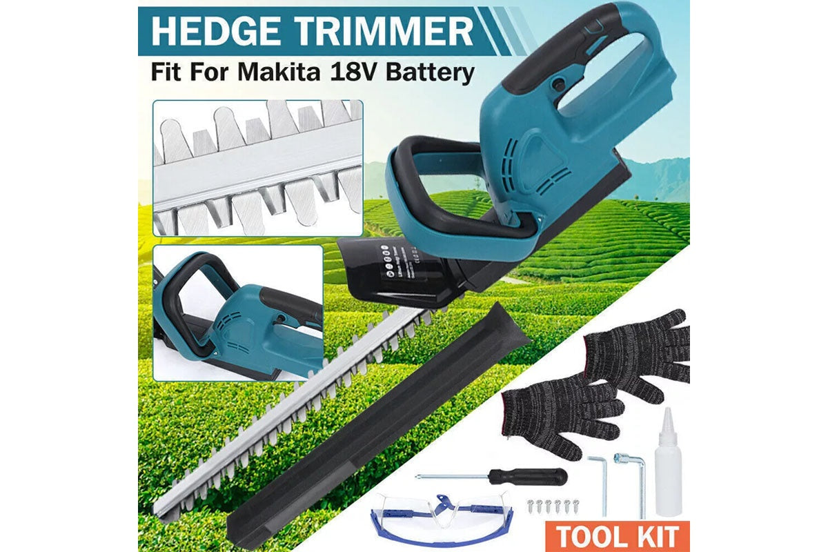 Close-up of 24V battery on cordless hedge trimmer