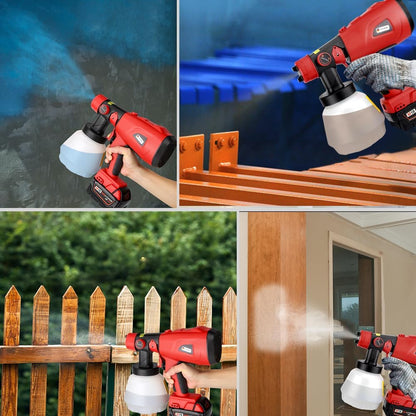 Electric paint sprayer spraying vertical pattern on garden chair