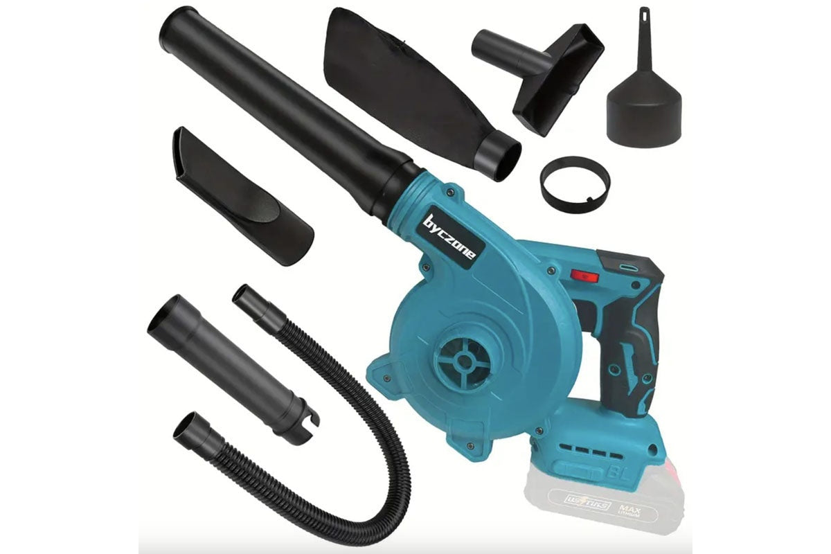 Side view of leaf blower with plastic extension tube attached