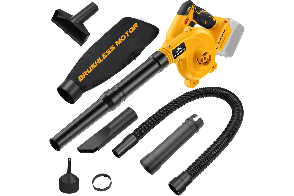 Side view of leaf blower for Dewalt battery with plastic extension tube