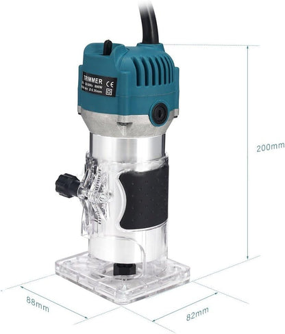 Wood router tool base with transparent trimming guide