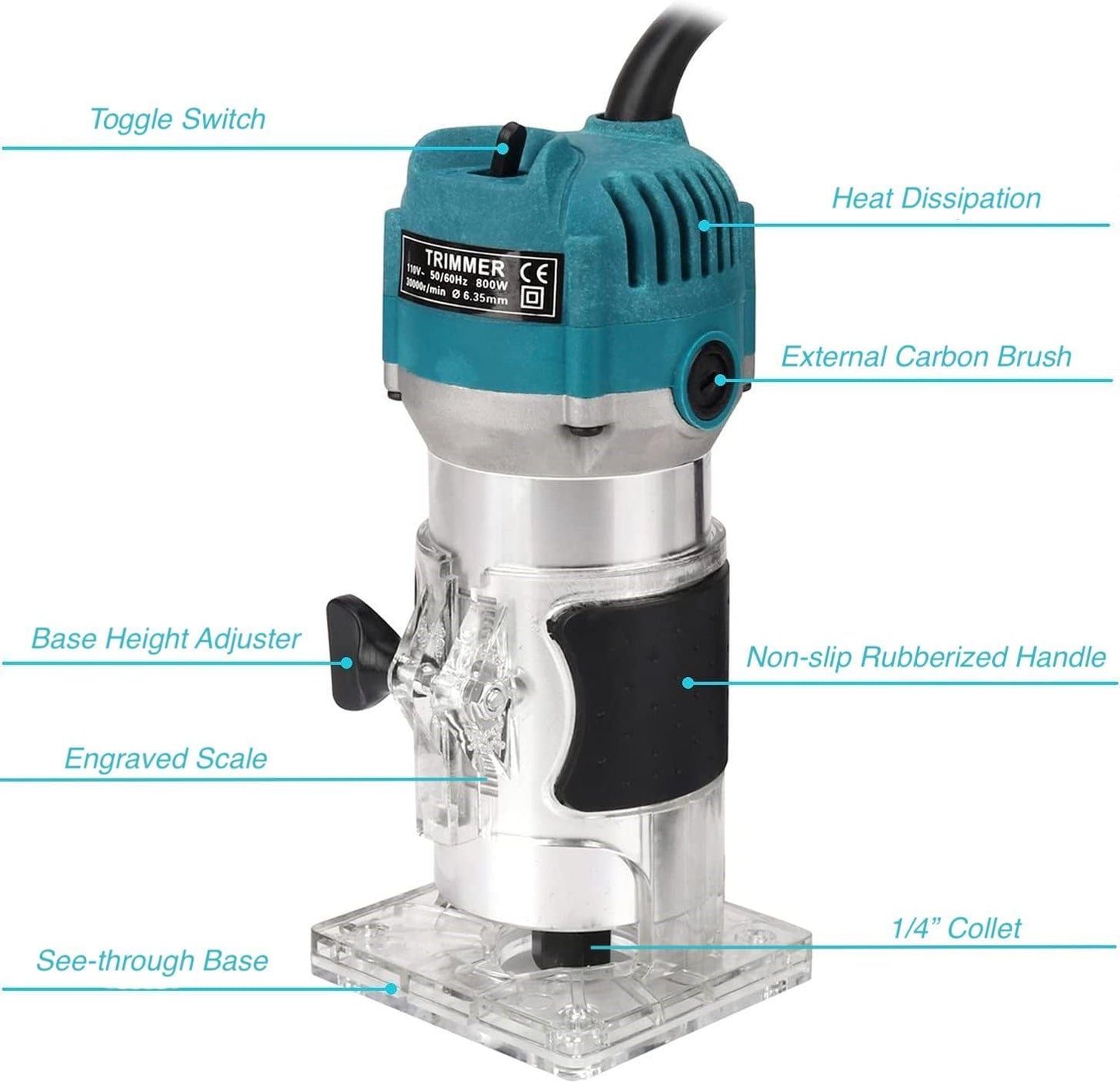 Electric wood router tool with 15m power cord attached