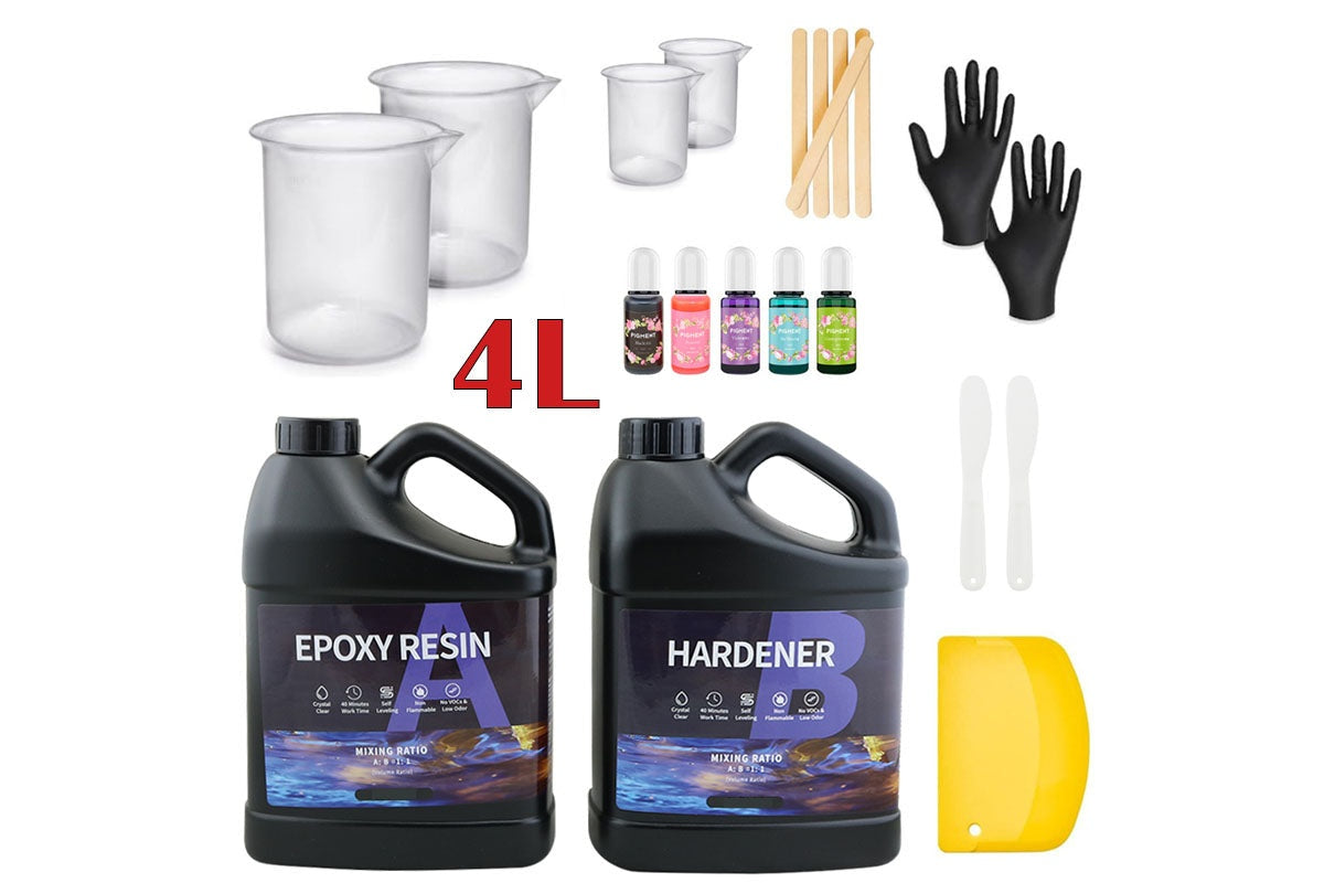 Close up of epoxy resin 1:1 kit showing clear glossy finish