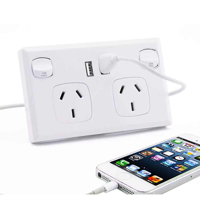Double power point wall socket mounted on NZ home wall