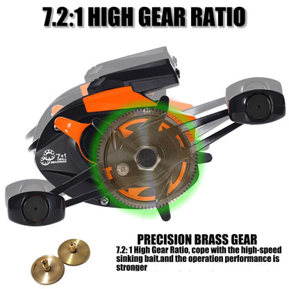 Top angle of fishing reel showing spool width and line
