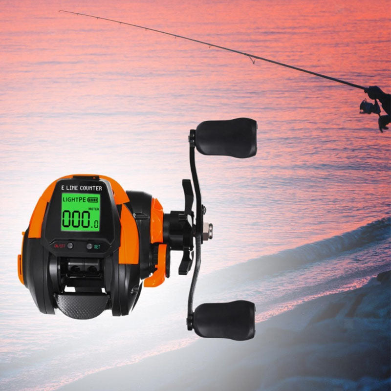 Fishing reel in use with line depth positioning visible