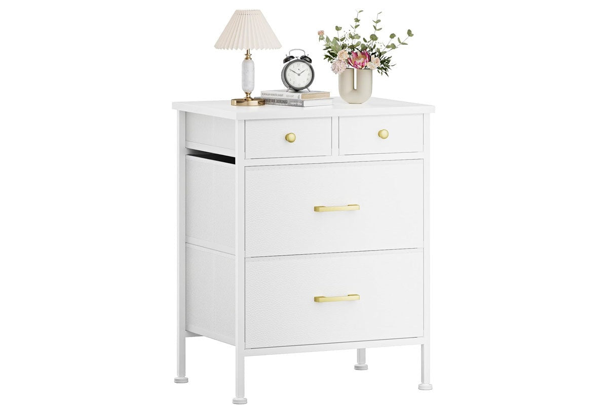 Side view of storage cabinet tall boy with wooden top and fabric drawers