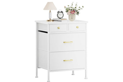 Side view of storage cabinet tall boy with wooden top and fabric drawers