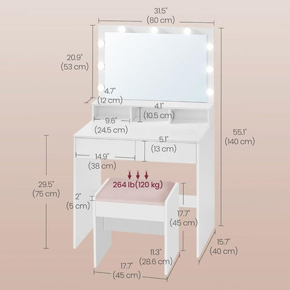Ziva Dressing Table with Drawers and Lighted Mirror and Stool
