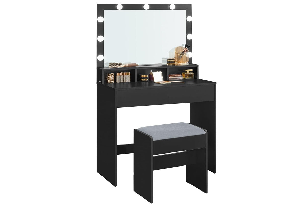 Side view of dressing table with mirror highlighting storage drawers