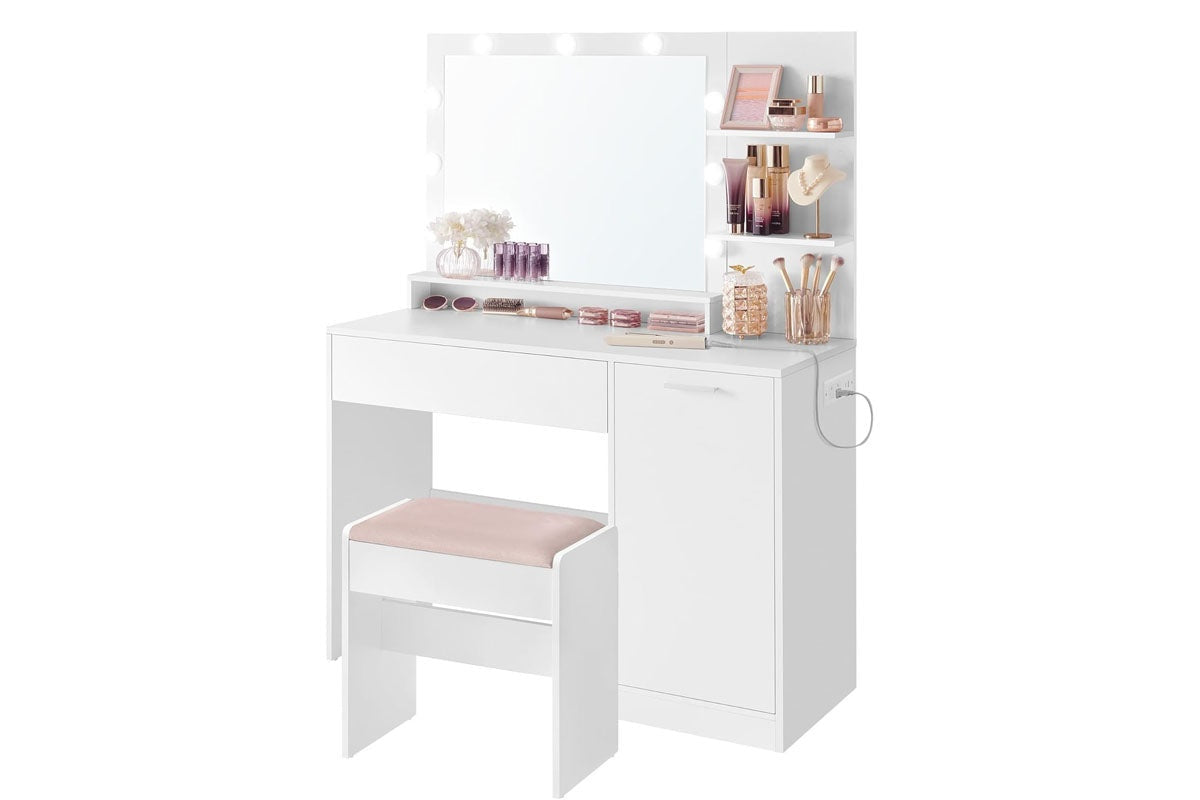 Vanity desk with lights and upholstered stool in cloud white