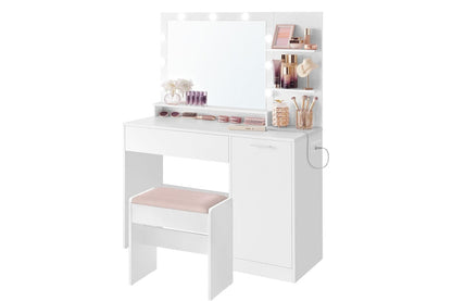 Vanity desk with lights and upholstered stool in cloud white