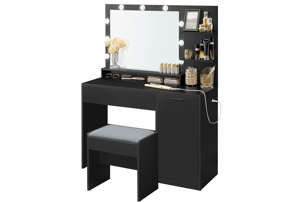 Side view of dressing table vanity desk showing storage shelves