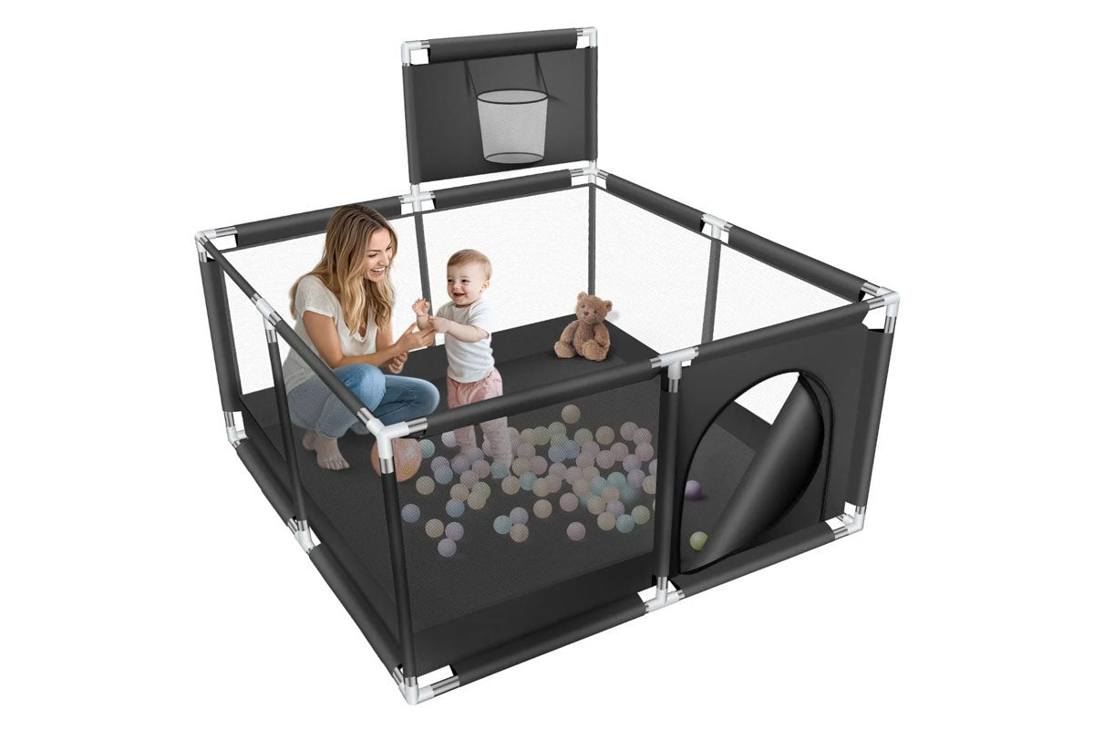 Side view of playpen fence showing steel pipe frame