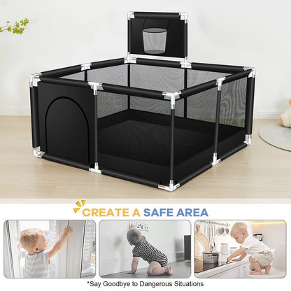 Transparent mesh allowing full view inside playpen fence
