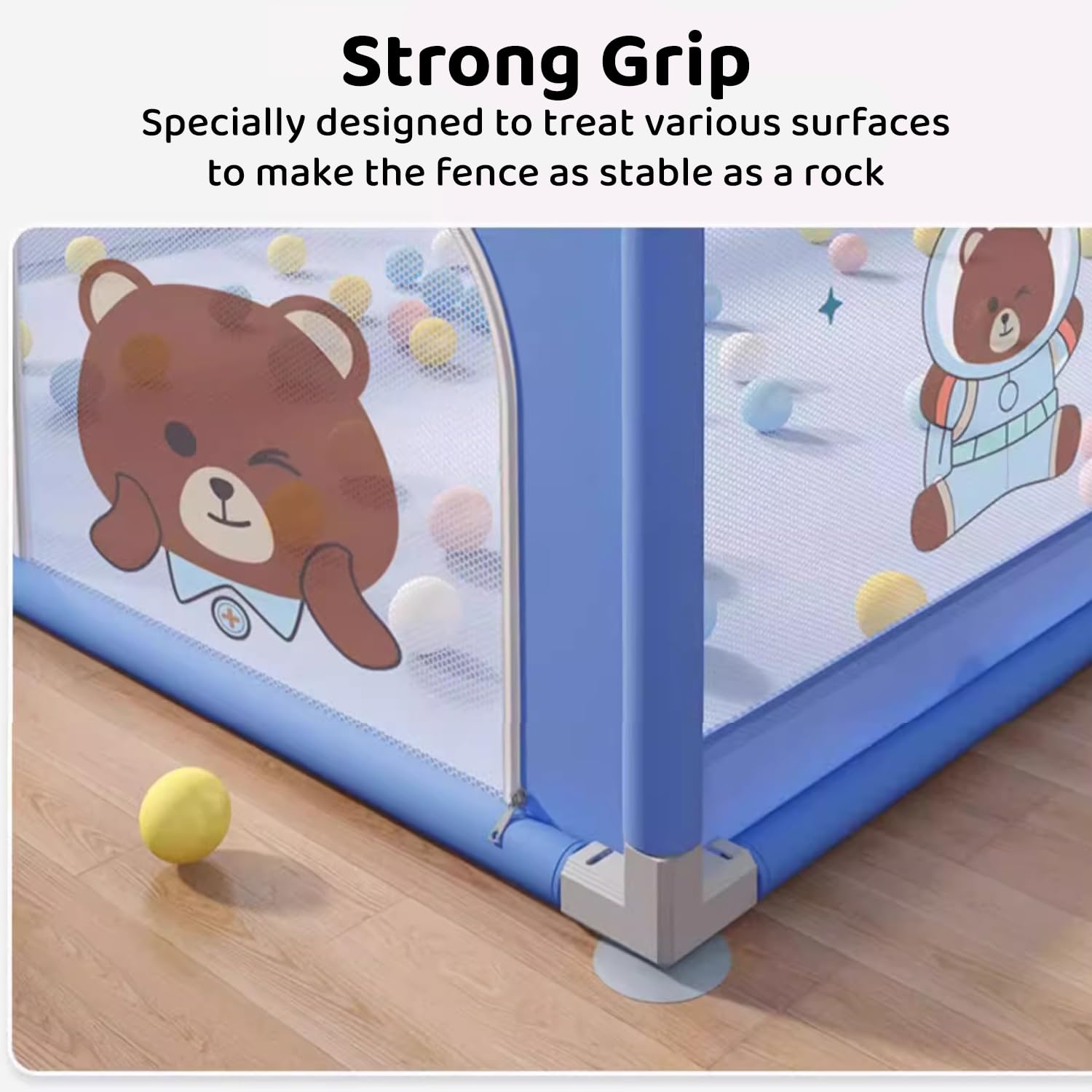 Assembly detail of plastic joint on baby playpen fence gate