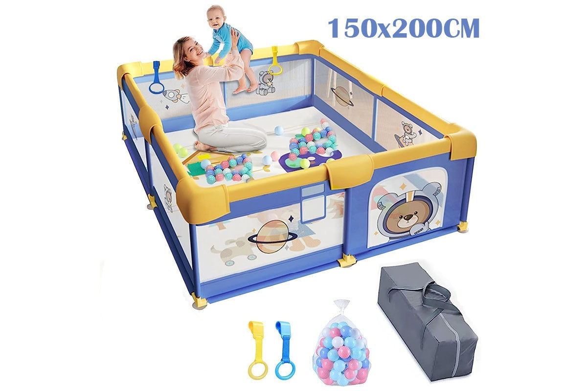 Close up of steel frame on portable playpen fence gate