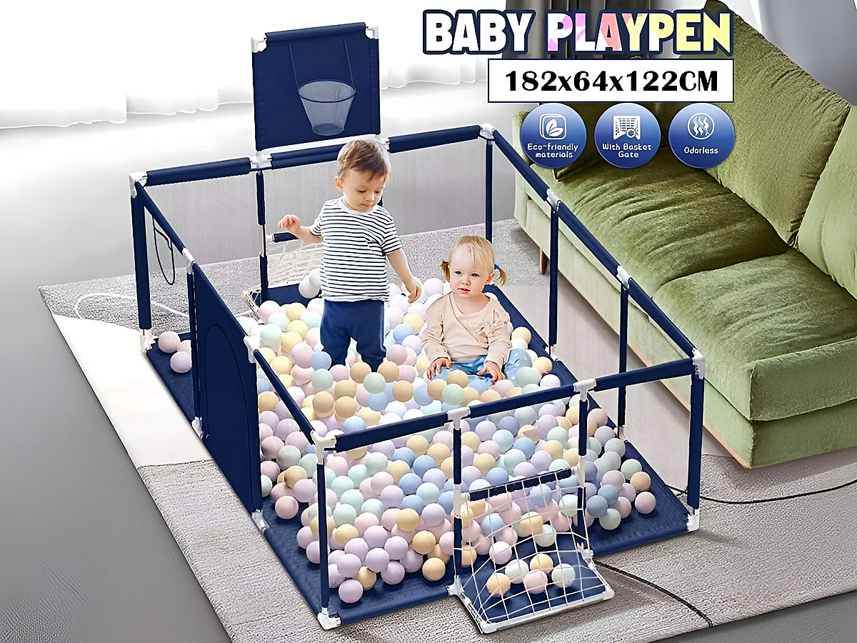 Zipper door access on portable playpen fence in blue