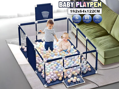 Zipper door access on portable playpen fence in blue