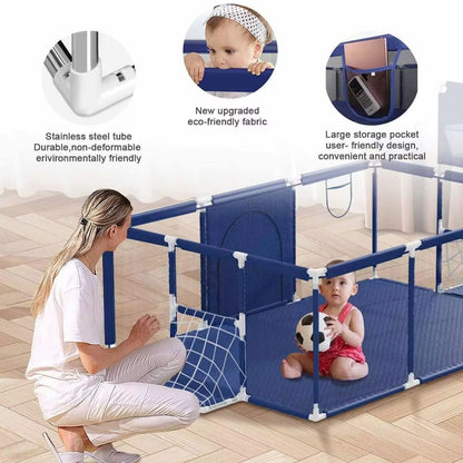 Breathable mesh panels on blue portable playpen fence