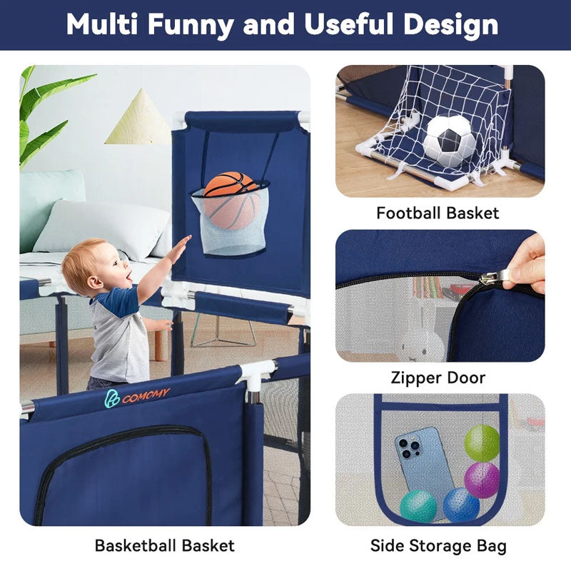 Portable playpen fence set up in outdoor garden