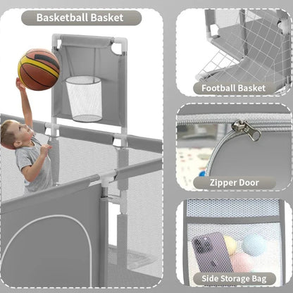 Portable playpen fence gate with attached basketball hoop and football net