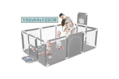 Close up of breathable mesh panel on portable playpen fence gate