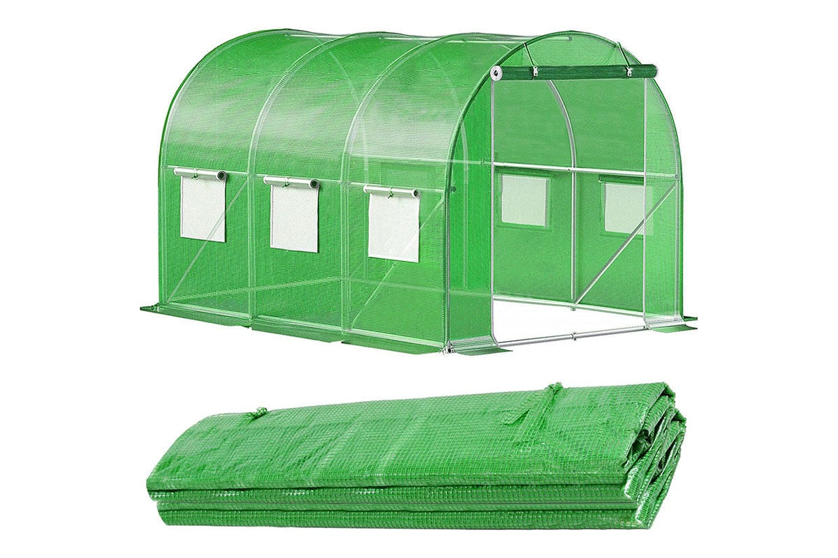 Side angle of walk in greenhouse showing galvanised steel frame