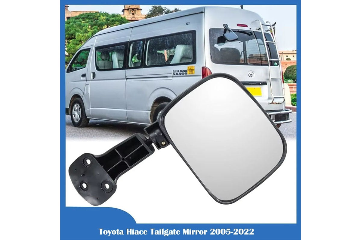 Close up of Toyota Hiace tailgate mirror glass showing clear reflection