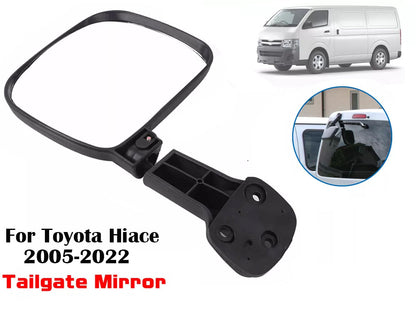 Side angle of black Toyota Hiace tailgate mirror for rear visibility