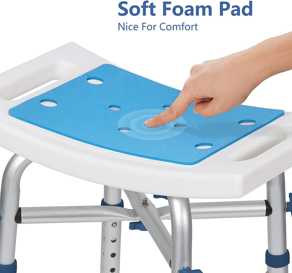 Shower stool height adjustment mechanism with snap buttons