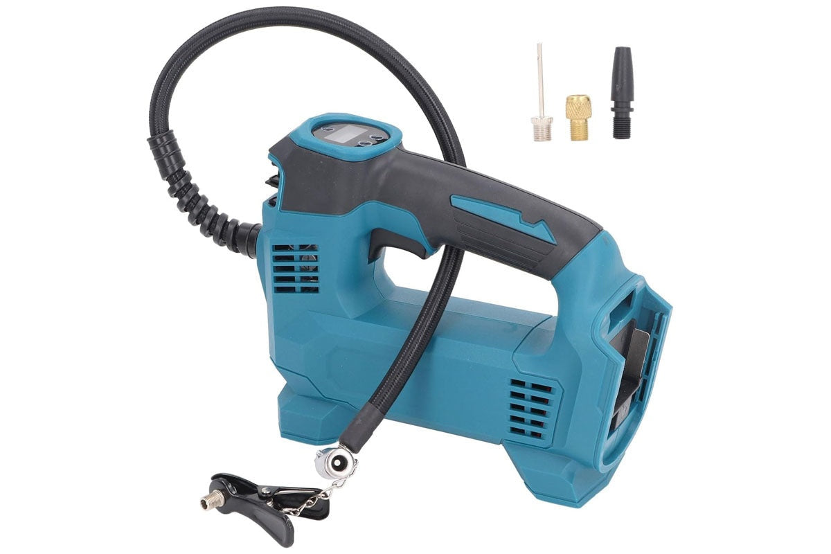 Makita 18V compatible cordless tyre pump showing LED light